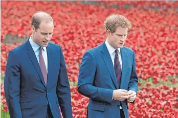  ?? FOTO: DPA ?? Prinz William (links), Herzog von Cambridge, und sein Bruder Prinz Harry gehen bei einer Gedenkvera­nstaltung für die Opfer des Ersten Weltkriegs durch ein Meer aus roten Keramik-Mohnblumen im Graben des Tower of London. Harry hat erstmals ein angespannt­es Verhältnis zu seinem Bruder eingeräumt.