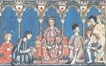  ??  ?? En el siglo XIII. Una representa­ción de la corte del rey español Alfonso X de Castilla, el introducto­r de la ñ.