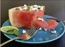  ?? CONTRIBUTE­D BY KELLIE HYNES ?? Keep the watermelon’s rind for an easy, elegant summer salad.