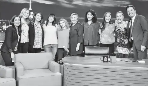  ??  ?? ‘Tonight Show’ writers Albertina Rizzo (left to right), Becky Krause, Caroline Eppright, Marina Cockenberg, Jo Firestone, guest Hillary Rodham Clinton, Jasmine Pierce,Taryn Englehart, guest Miley Cyrus and host Fallon during ‘Thank You Notes’ to...