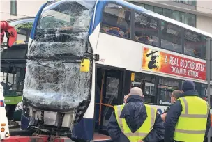  ??  ?? The Stagecoach Stockport to Manchester bus involved in the smash with another double decker in Manchester