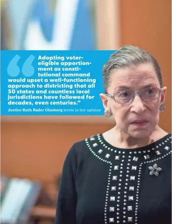  ?? ANDREW HARRER, BLOOMBERG ?? Associate Justice Ruth Bader Ginsburg wrote the opinion, signed by six other justices that leaves intact the way state and municipal districts are drawn.