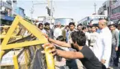  ?? PIC/MPOST ?? Protestors near Baghel police post on Monday