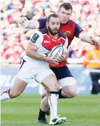  ??  ?? Marshalled: Jean-Marc Doussain is about to feel the force of Munster flanker Peter O’Mahony