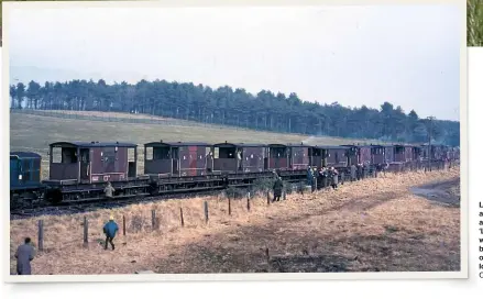  ?? CJL COLLECTION ?? Left: No fewer than 11 BR and LMS brake vans form a railtour captioned as the ‘Lakes Coast Railtour’ behind what appears to be a Rail blue Clayton Type 1 at the left of the picture. The date and location were not recorded.