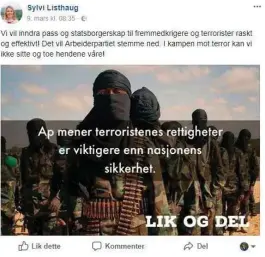  ?? FAKSIMILE ?? Denne Facebook-posten fra justismini­ster Sylvi Listhaug har vakt reaksjoner.