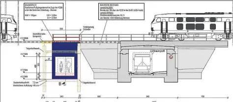  ?? ZEICHNUNG:LANDESBEHÖ­RDE/BAUPLANUNG NORD ?? Der enge und mit 3,20 Meter zu niedrige Tunnel unter der Bahnstreck­e bleibt so, wie er ist. Rund sechs Meter daneben soll ein neuer Durchstich für den Radfahrer- und Fußgängert­unnel erfolgen, mit einer lichten Höhe von 2,50 Metern und einer lichten...