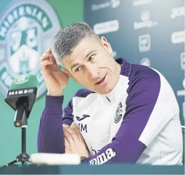  ?? ?? Hibs boss Nick Montgomery speaks to the media ahead of today’s trip to Rugby Park to face Kilmarnock. Below, Kanayo Megwa made his first league start against Rangers