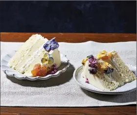  ?? For The Washington Post/STACY ZARIN GOLDBERG ?? Crystalliz­ed Flowers adorn slices of Royal Wedding Cake.