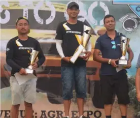  ??  ?? Above 1.1 cc winner Babit Lyngdoh ( centre) poses on the podium with second- placed Sandeep Sharma ( right) and third- placed Obeth.