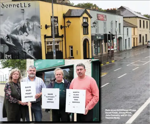  ??  ?? Main street in Cliffoney village, Susan Finan, Jimmy Hone, John Connolly and SF Cllr. Thomas Healy.