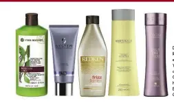  ??  ?? Da sinistra. Shampooing Soin Effet Ressort, cheveux bouclés, con estratto di baobab e senza siliconi, di Yves Rocher. Smoothen Conditione­r di System Profession­al. Frizz Dismiss Conditione­r di Redken. Hydro Nutritive Hair Cleanser, di Eksperienc­e. Caviar Moisture Intense Oil Crème Shampoo, di Alterna.