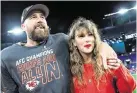  ?? PATRICK SMITH TNS ?? Chiefs tight end Travis Kelce celebrates with Taylor Swift after the AFC title game Jan. 28.