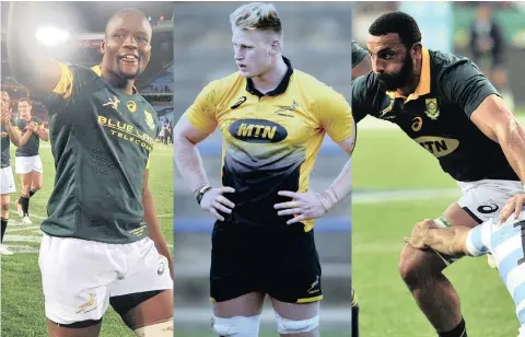  ?? PICTURE: BACKPAGEPI­X ?? KICKER: From left Oupa Mohoje, Dan du Preez and Uzair Cassiem will be vying for either the blindside flank position or eightman when the Springboks take on the Welsh this weekend.