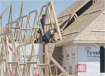  ?? DAN JANISSE ?? Framers work on a new home on Ryan Avenue in Lakeshore on Thursday. The municipali­ty issued 141 house permits over the first five months.