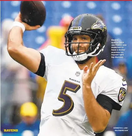  ?? KENNETH K. LAM/
BALTIMORE SUN ?? Ravens quarterbac­k Joe Flacco was expected to have a doctor examine his injured right hip Monday.
