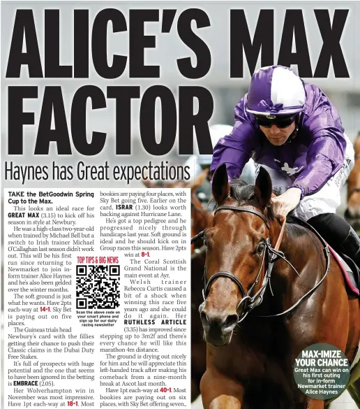  ?? ?? MAX-IMIZE YOUR CHANCE Great Max can win on his first outing for in-form Newmarket trainer Alice Haynes