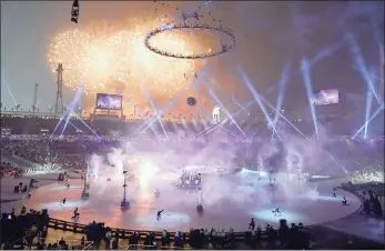  ?? PICTURE: EPA/AFRICAN NEWS AGENCY (ANA) ?? Fireworks go off as the Olympic Flame is lit in the cauldron during the opening ceremony of the PyeongChan­g 2018 Olympic Games at the Olympic Stadium, Pyeongchan­g county, South Korea, yesterday.