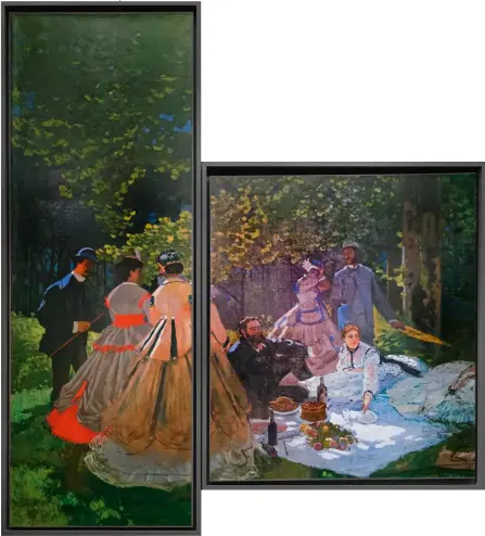  ??  ?? Deux fragments du Déjeuner sur l’herbe de Monet, exposés au musée d’orsay à Paris