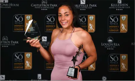  ??  ?? Rianna Jarrett with her player of the year and top goalscorer awards at last November’s WNL awards night in Limerick.