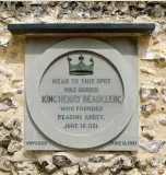  ??  ?? Above: The inner gateway today; the higher parts were rebuilt after it collapsed in a storm in 1861
Right: Newly conserved plaque to Henry i, unveiled in 1921
Below: Memorial to Henry i erected by Dr Hurry in 1909 on the supposed site of the abbey’s west end; Forbury Hill is behind under the trees