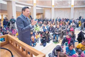  ?? EDDIE MOORE/JOURNAL ?? Santa Fe Mayor Javier Gonzales speaks during a rally for early childhood education at the Roundhouse in Santa Fe Wednesday.