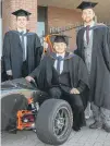  ??  ?? Stephen McGuire, left, James Spiby, centre, and Ed Wilding with their Formula Student car. Picture by David Wood