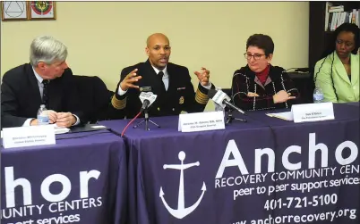  ?? Ernest A. Brown photos ?? U.S. Surgeon General Dr. Jerome Adams, center, discusses the opioid epidemic with, from left, Sen. Sheldon Whitehouse, Deb O’Brien, of The Providence Center, and Dr. Nicole Alexander Scott, of the RI Department of Health, during a round table...