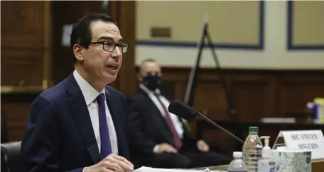  ?? AP file ?? ‘ROBUST REBOUND’: After the federal deficit report showing a $3.1 trillion deficit for 202 was released, Treasury Secretary Steven Mnuchin said, ‘The administra­tion remains fully committed to supporting American workers, families and businesses.’