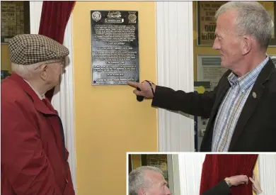  ??  ?? One of the old time GNR workers, Gerry McKeown, now in his 90s, inspects the plaque with Jim Prendergas­t. On the right is the bronze plaque and below it, the formal unveiling with Jim Prendergas­t, Cllr Emma Coffey and Denis Balfe. Inset: Fintan...