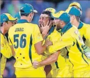  ?? AP ?? n Marcus Stoinis (third from left) celebrates after dismissing David Miller in the second ODI against South Africa on Friday.