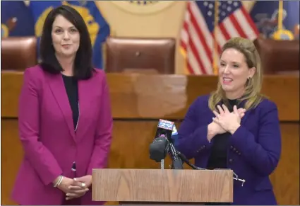  ?? PETE BANNAN - MEDIANEWS GROUP ?? Jennifer Riley, state director for Marsy’s Law for Pennsylvan­ia, right, praises Delaware County District Attorney Katayoun Copeland for her victim’s support efforts at a press conference last week. Pa. voters will still cast ballots on the victims’ rights measure on Tuesday, but the results will not be immediatel­y certified.