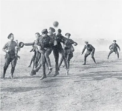  ??  ?? A football match between British and German soldiers at Christmas Day 1915; the first games had been played at Christmas 1914 and may have inspired Baxter’s notes dated November 1915