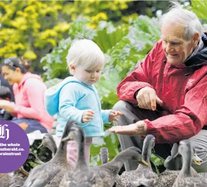  ?? Photo / Mike Scott ?? Bob Scott feeds the ducks with his granddaugh­ter Ruby Scott at Queens Park in Invercargi­ll.