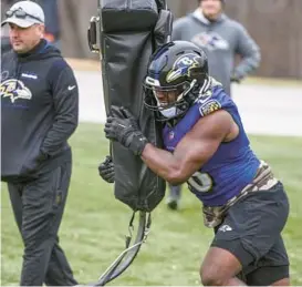  ?? KEVIN RICHARDSON/BALTIMORE SUN ?? Ravens inside linebacker Roquan Smith runs a drill during Wednesday’s practice. Smith was named the team’s Most Valuable Player by local media on Wednesday after playing in just nine games.