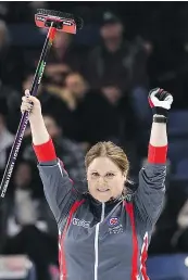  ?? — THE CANADIAN PRESS ?? Northwest Territorie­s skip Kerry Galusha celebrates a win over New Brunswick on Saturday, allowing her rink to advance to the main draw at the Scotties Tournament of Hearts in St. Catharines, Ont.