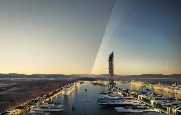  ?? ?? A picture shows the design plan for the 500-metre tall parallel structures, known collective­ly as The Line, in the heart of the Red Sea megacity NEOM.