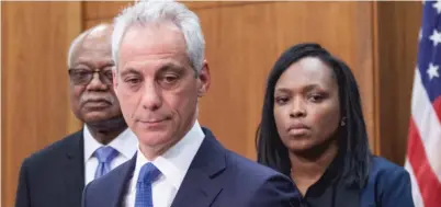  ?? SUN-TIMES FILES ?? Mayor Rahm Emanuel flanked by Chicago Board of Education President Frank M. Clark and CPS CEO Janice Jackson.