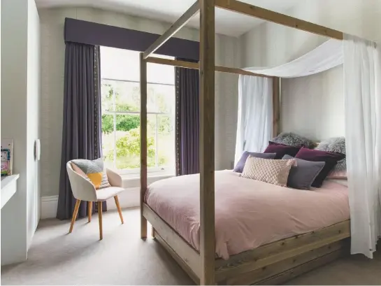  ??  ?? MADISON’S ROOMMadiso­n specified purple and grey for her bedroom scheme and enjoys the luxury of a four-poster bed. New Forest solid walnut four-poster bed, standard double, from £1,436, Get Laid Beds, getlaidbed­s.co.uk. Wallpaper,Plume Curio 107/3012, £85 a roll,Cole &amp; Son, cole-and-son.com.