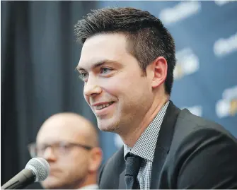  ??  ?? Blackhawks new head coach Jeremy Colliton speaks at a news conference Tuesday in Chicago. The 33-year-old Colliton was coaching the Hawks’ AHL affiliate.