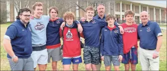  ?? Contribute­d ?? Heritage wrestling coaches Mike Moore, Randy Malone and Mike Craft stand with state qualifiers Zach Brown, Garrett Pennington, Cayman Hughey, Tate Thomas, Evan Wingrove and Skylar Grant outside the Macon Coliseum last week. The Generals had three medalists, including Brown, who was Class AAAA runner-up at 220 pounds, and placed 14th as a team.