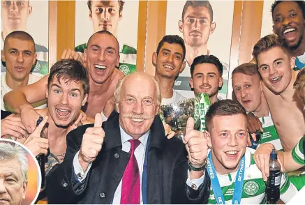  ??  ?? Dermot Desmond joined the players to celebrate Celtic’s League Cup Final success in November, and his chief executive, Peter Lawwell (inset), continues to make profit.