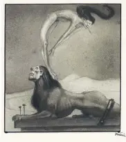  ??  ?? Seelische Doppelbödi­gkeiten à la Alfred Kubin: Der Mann als gefesselte Sphinx, die Frau als ätherische Erscheinun­g mit gespaltene­r Zunge.