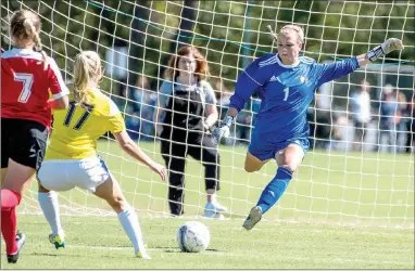  ?? Photo courtesy of JBU Sports Informatio­n ?? John Brown freshman goalkeeper Maggie Allen lines up a kick during Saturday’s homecoming match against Mid-America Christian (Okla.) at Alumni Field. The Golden Eagles won 2-1 to extend their home winning streak to 27 straight matches.