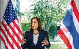  ?? HAIYUN JIANG/THE NEW YORK TIMES ?? U.S. Vice President Kamala Harris speaks to reporters after meeting with civil society leaders involved in climate action and environmen­tal protection at the Chief of Mission Residence in Bangkok on Sunday.