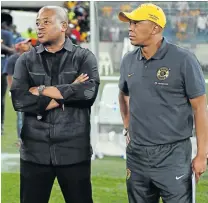  ?? Picture: GALLO IMAGES ?? DROPPING A BOMBSHELL: Kaizer Chiefs football manager Bobby Motaung and the club’s legend Doctor Khumalo of Kaizer Chiefs seen during a against match Golden Arrows at Moses Mabhida Stadium in Durban. Khumalo left Amakhosi last week and joined Baroka FC