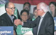  ??  ?? Best buds? DNC Chairman Tom Perez, left, with Sen. Bernie Sanders at a Friday rally.
