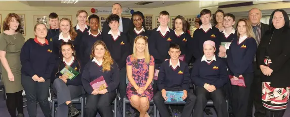  ??  ?? Helen McEntee, Minister of State for Mental Health at the official launch of the Cyber Bullying Awareness Campaign at Ardee Community School, with Students of Scoil Uí Mhuirí, Dunleer, Participan­ts in IT mentor training, along with Rachel McGarrigle,...