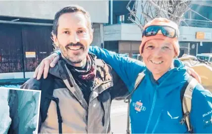  ?? ?? Tim Blakey (left) with rescue volunteer Michael Schwarzl, who was at the ski resort of SaasFee when he received the emergency call giving Blakey’s location (inset).