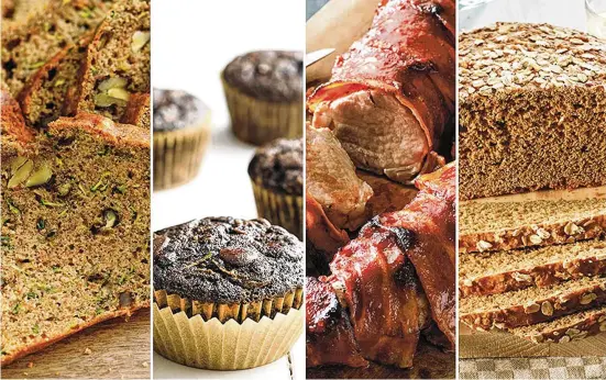  ?? PHOTOS COURTESY OF GENERAL MILLS ?? Skinny zucchini bread (from left), gluten-free chocolate-zucchini muffins, bacon-wrapped barbecue pork tenderloin and no-knead oatmeal-molasses bread from the new Betty Crocker cookbook.